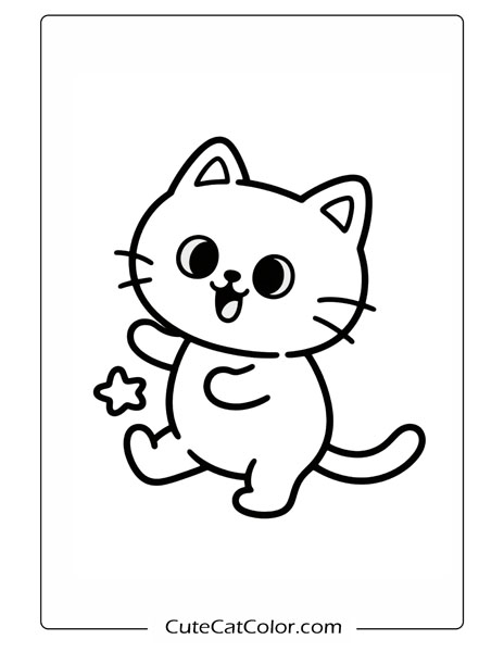 Excited Dancing Kitty with Star: Cartoon Cat Coloring Page