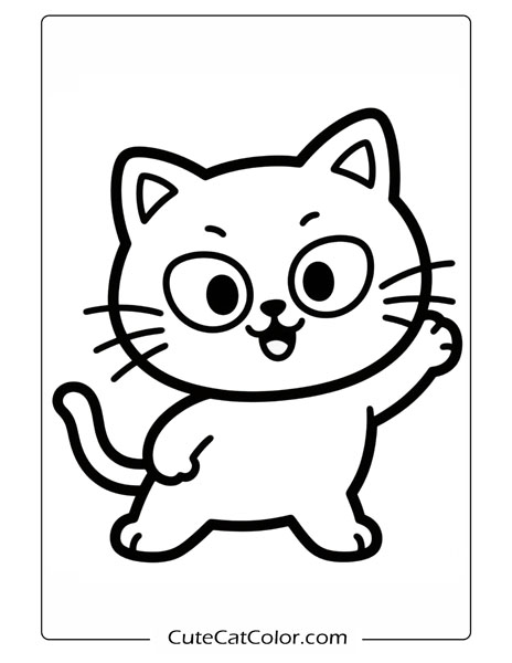 Cheery Waving Kitty: Cartoon Cat Coloring Page