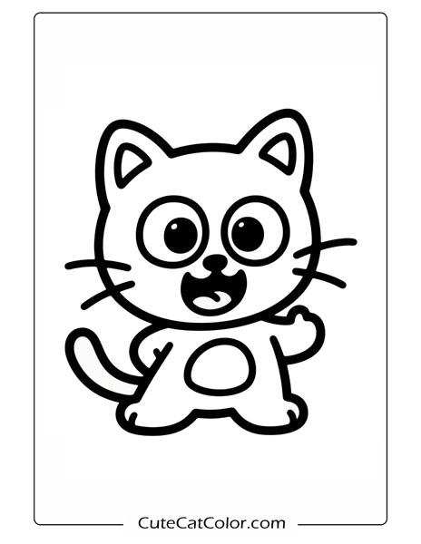 Happy Kitty Waving Hello: Cartoon Cat Coloring Page