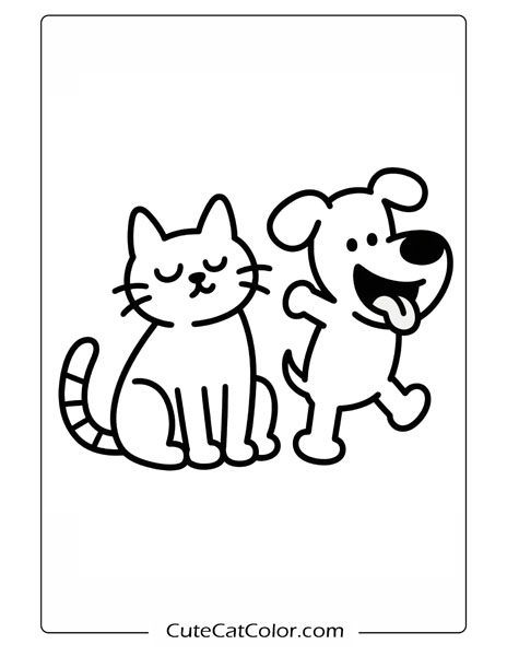 Happy Cat and Dog Dance: Cat And Dog Coloring Page
