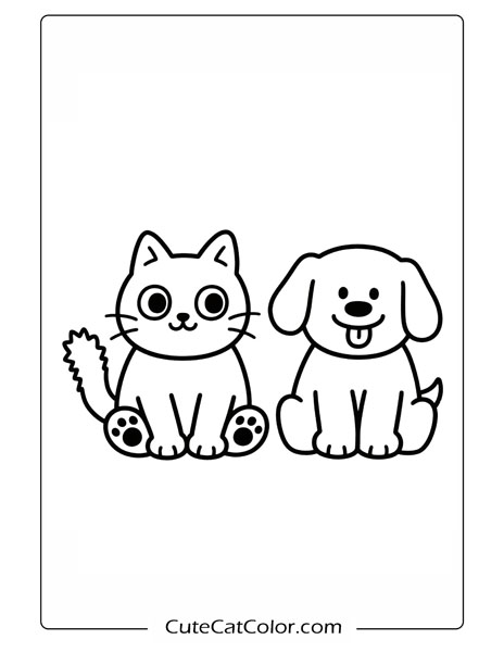 Smiling Cat and Dog Friends: Cat And Dog Coloring Page