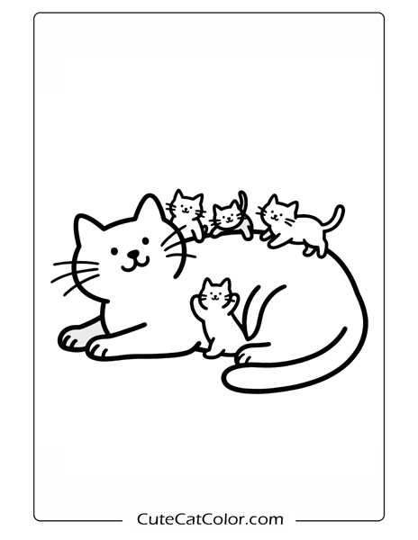 Mama Cat and Her Kittens: Cat And Kittens Coloring Page