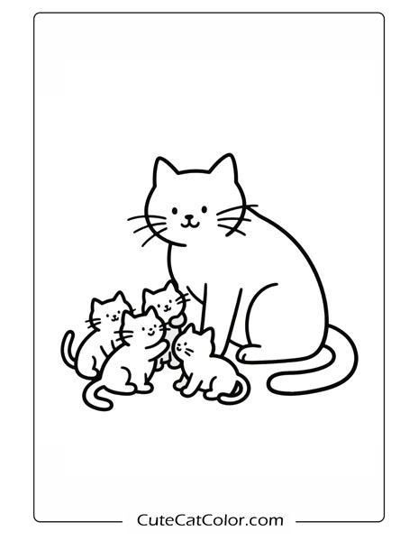 Mother Cat with Her Playful Kittens: Cat And Kittens Coloring Page