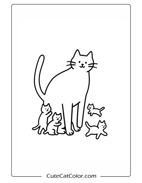 Cat and Puppy Friends: Cat And Kittens Coloring Page