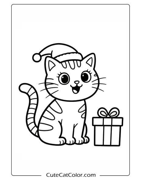 Festive Kitty with Gift: Christmas Cat Coloring Page