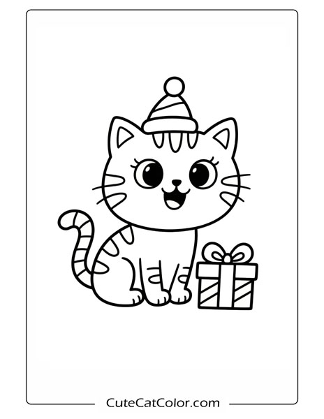 Cute Cat with Gift: Christmas Cat Coloring Page
