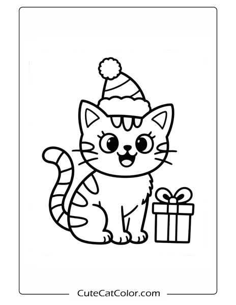 Festive Feline with a Christmas Surprise: Christmas Cat Coloring Page
