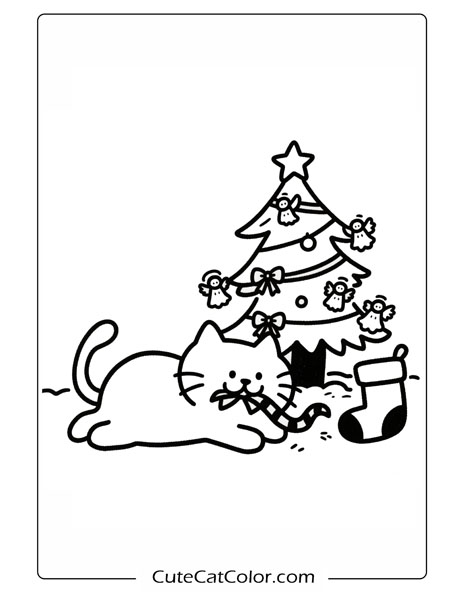 Christmas Coloring Pages: Christmas Cat Playtime