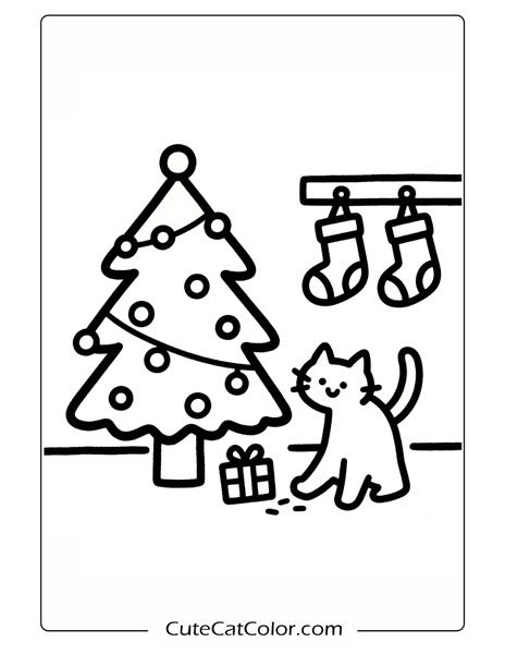Christmas Coloring Pages: Christmas Cat Celebration