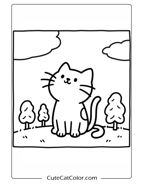 Sunny Park Cat: Cute Cat Coloring Page