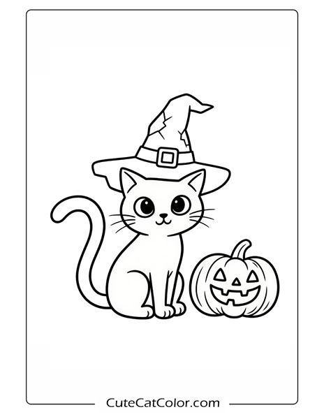 Spooky Cat and Pumpkin: Halloween Cat Coloring Page