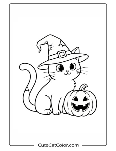 Witchy Cat with Pumpkin: Halloween Cat Coloring Page