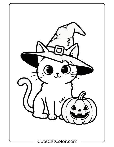 Magical Cat and Pumpkin: Halloween Cat Coloring Page