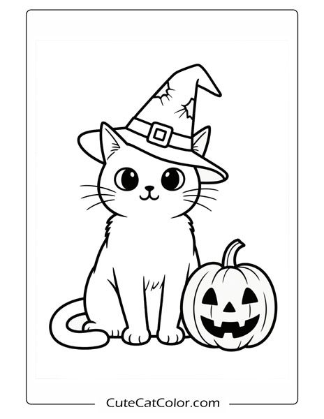 Mystical Cat and Jack-o’-lantern: Halloween Cat Coloring Page