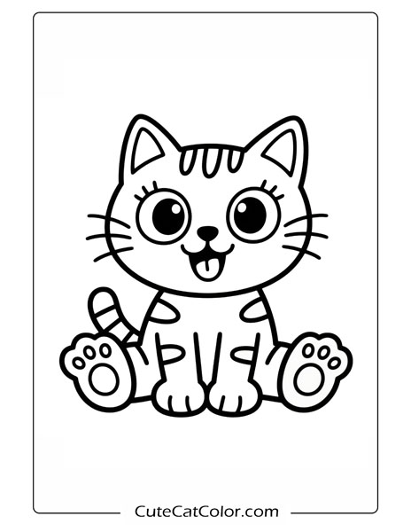 Happy Striped Kitty with Paw: Kawaii Cat Coloring Page