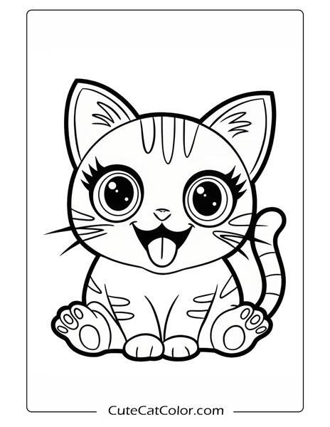 Joyful Striped Kitty with Tongue Out: Kawaii Cat Coloring Page