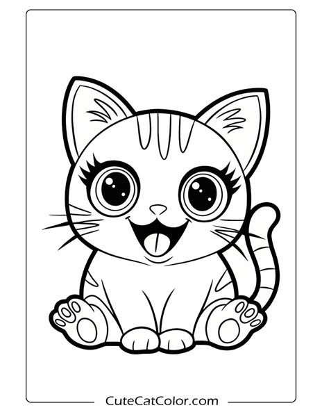 Cheerful Striped Kitty with Big Smile: Kawaii Cat Coloring Page