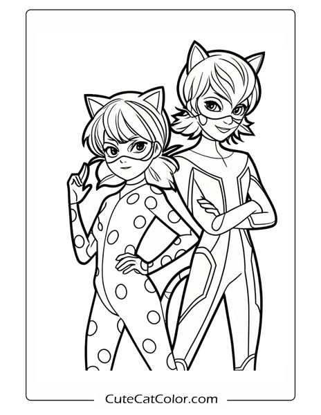 Dynamic Ladybug and Cat Duo: Ladybug Cat Noir Coloring Page