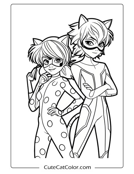 Fearless Ladybug and Cat Partners: Ladybug Cat Noir Coloring Page