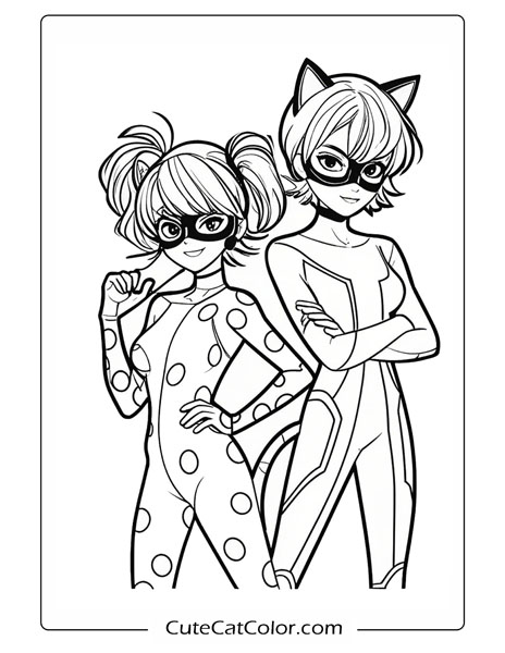 Confident Ladybug and Cat Team: Ladybug Cat Noir Coloring Page