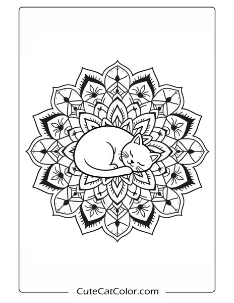 Dreamy Mandala Cat Nap: Mandala Cat Coloring Page