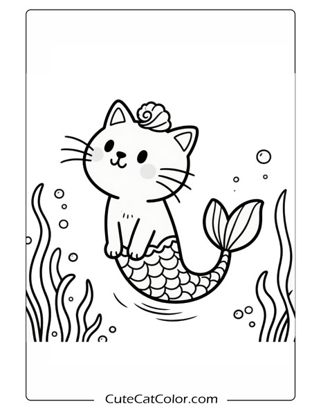 Magical Mermaid Cat: Mermaid Cat Coloring Page