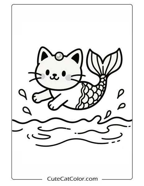 Splashy Mermaid Cat: Mermaid Cat Coloring Page