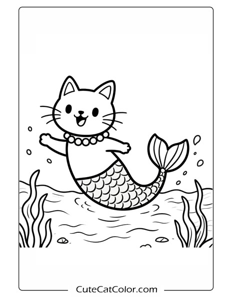 Joyful Mermaid Cat Splash: Mermaid Cat Coloring Page