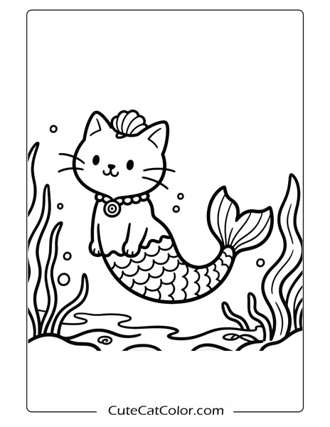 Charming Mermaid Cat Dive: Mermaid Cat Coloring Page