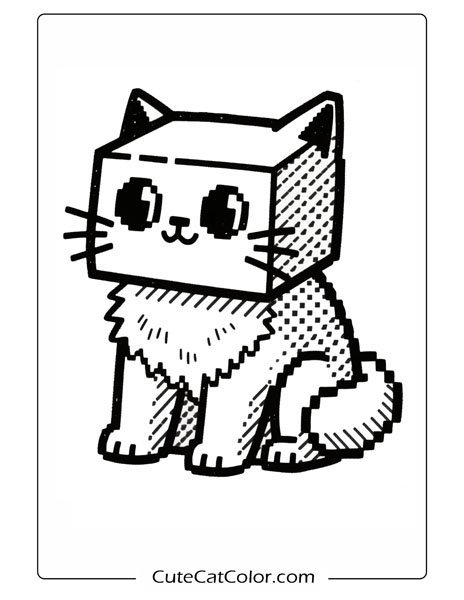 Fluffy Pixel Feline: Minecraft Cat Coloring Page
