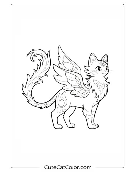 Majestic Winged Kitty: Mythical Anime Cat Coloring Page