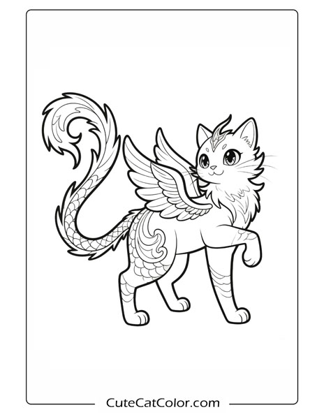 Elegant Winged Kitty: Mythical Anime Cat Coloring Page