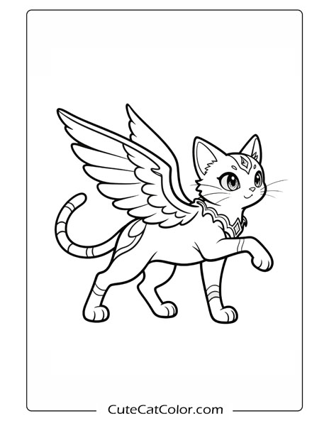 Regal Winged Kitty with Collar: Mythical Anime Cat Coloring Page