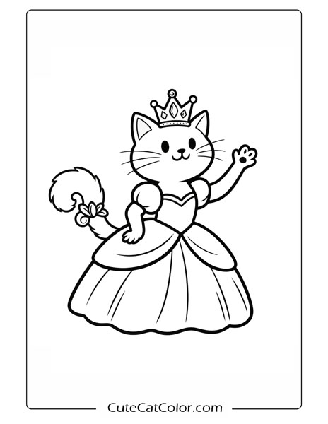 Elegant Princess Cat: Princess Cat Coloring Page