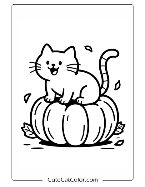 Happy Pumpkin Cat on Top: Pumpkin Cat Coloring Page