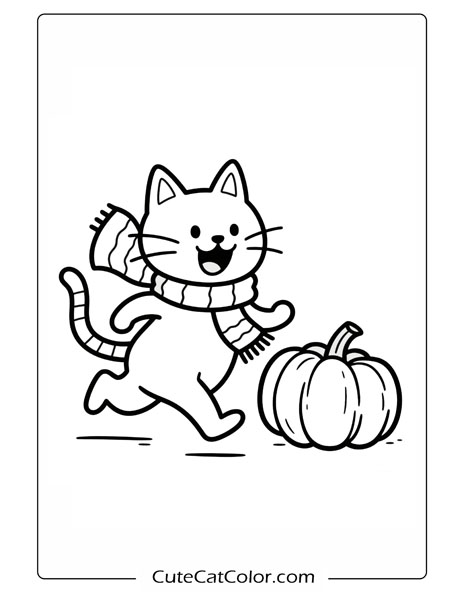 Playful Pumpkin Cat with Scarf: Pumpkin Cat Coloring Page