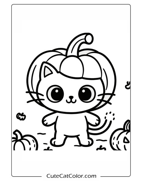 Cute Pumpkin Cat with Hat: Pumpkin Cat Coloring Page