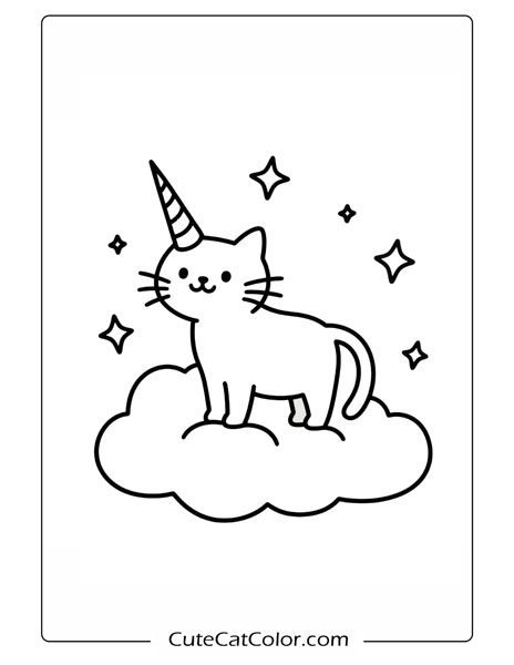 Magical Unicorn Cat on a Cloud: Unicorn Cat Coloring Page