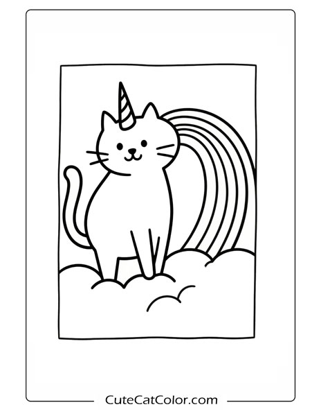 Unicorn Cat Over the Rainbow: Unicorn Cat Coloring Page