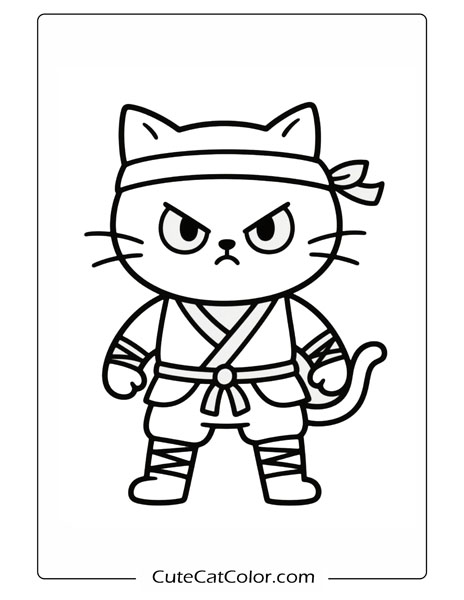 Brave Ninja Kitty with Headband: Warrior Cat Coloring Page