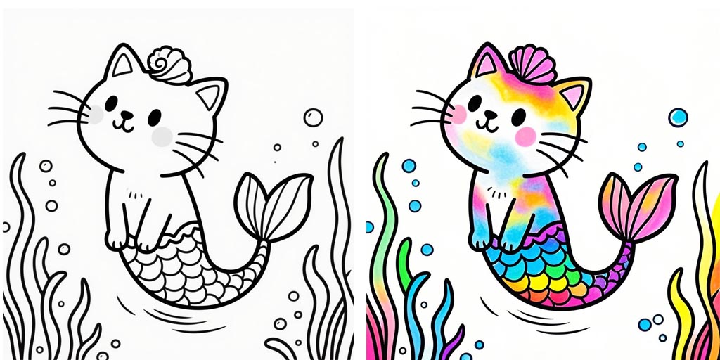 Mermaid Cat Coloring Pages